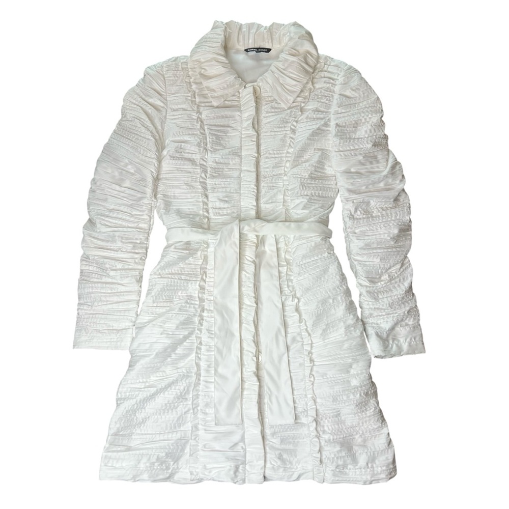Samuel Dong Ivory White Ruffled Frill Button Belted Coat Jacket, Woman’s XSmall
